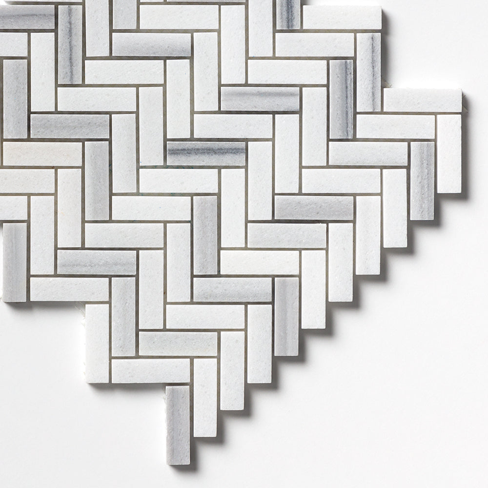 Mink White Honed Herringbone 5/8x2 Marble Mosaics 12 1/8x13 3/8 Marble Honed 12x12 Mosaics — 3