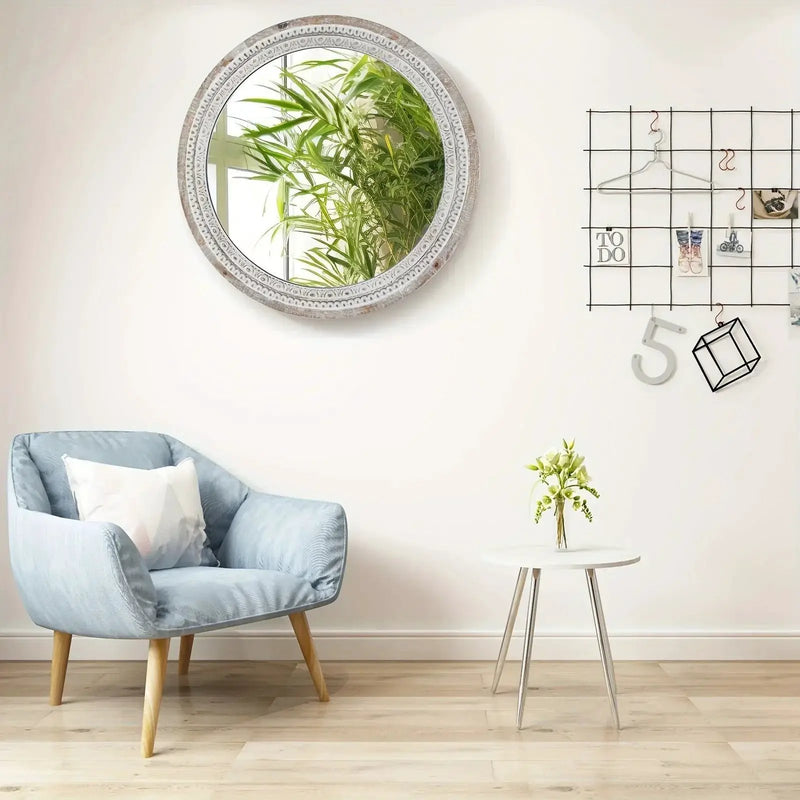 Mirror - Distressed Wood White Round by House Of Avana