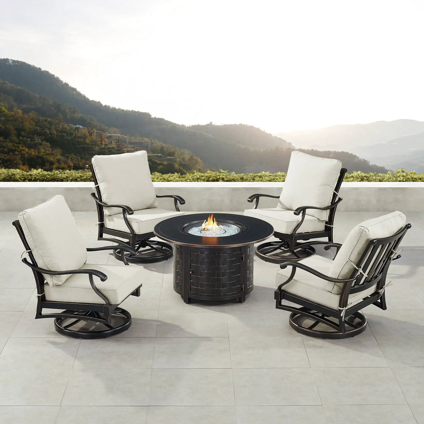 Black Aluminum Fire Table Set with Four Club Chairs by Sharicks