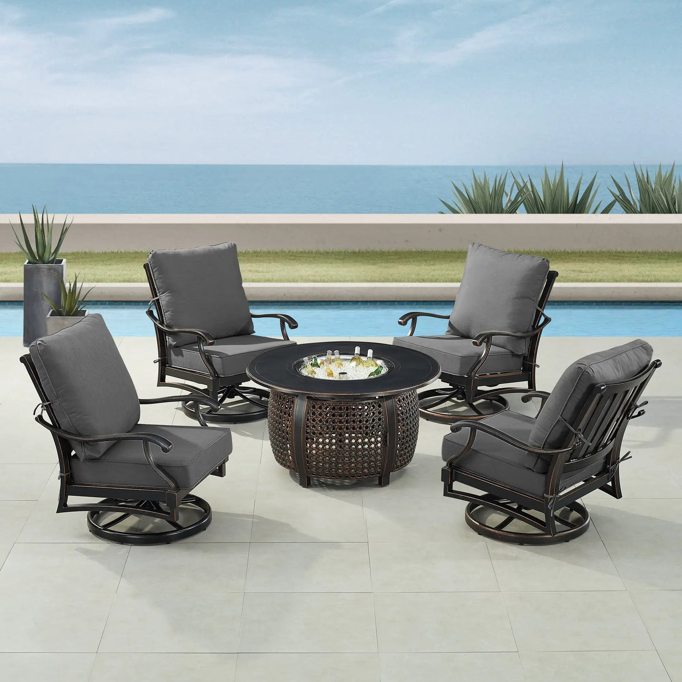 Black Aluminum Fire Table Set with Four Club Chairs by Sharicks