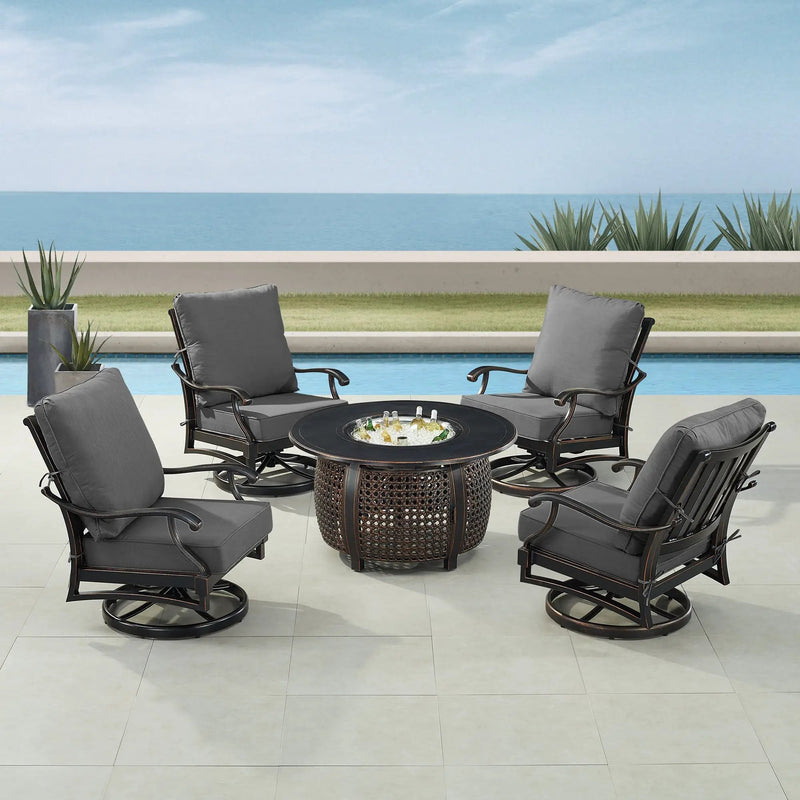 Black Aluminum Fire Table Set with Four Club Chairs by Sharicks