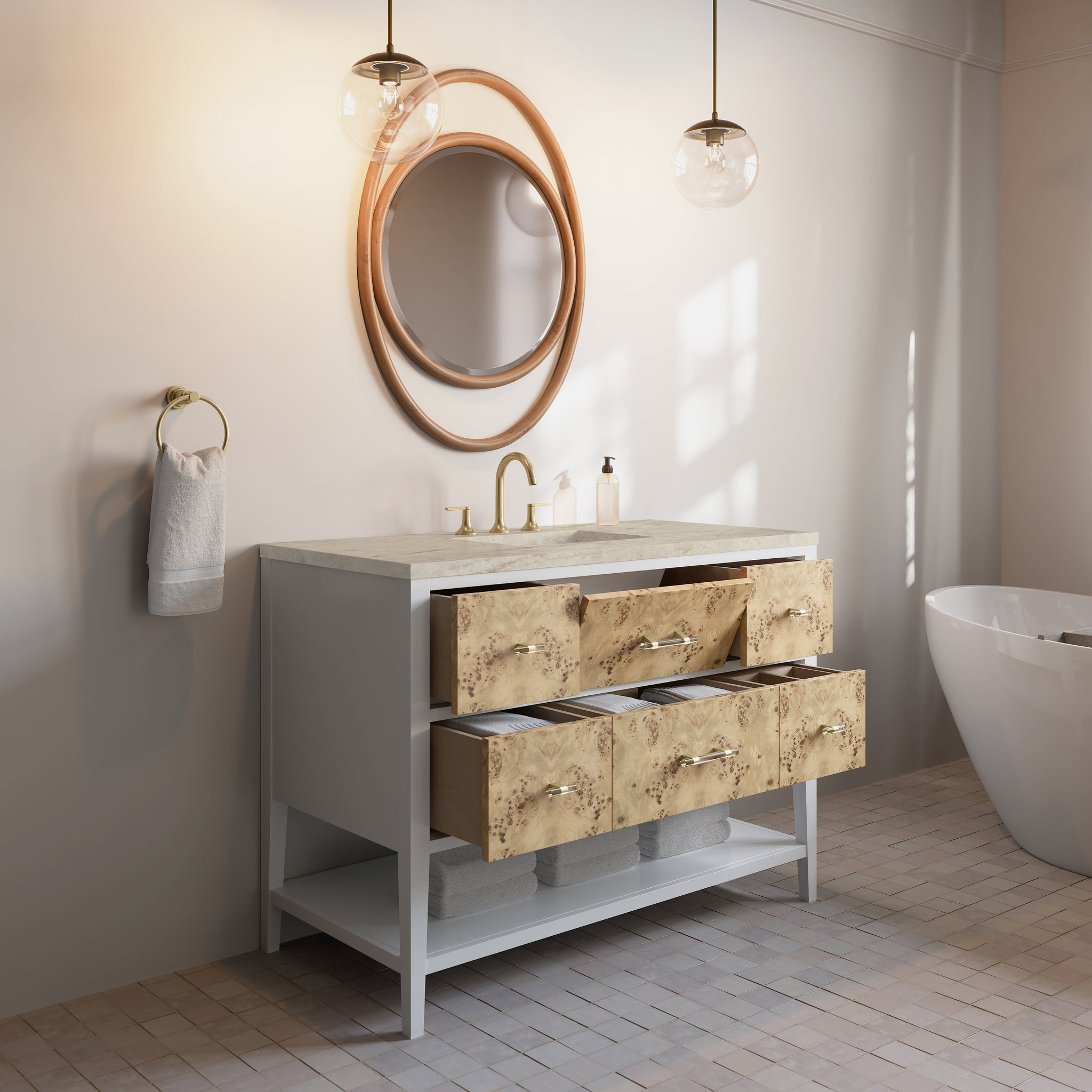 James Martin Olena 48" Single Bathroom Vanity, Polished White and Light Mappa Burl, view 40