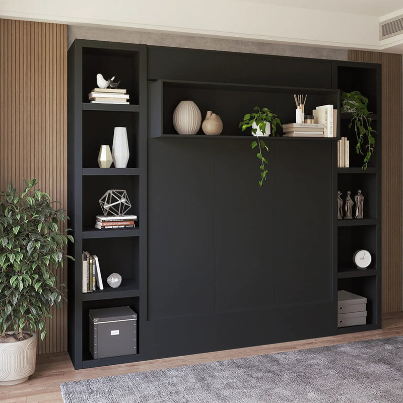 Easy-Lift Queen Murphy Wall Bed in Black with Two Bookshelves by Sharicks