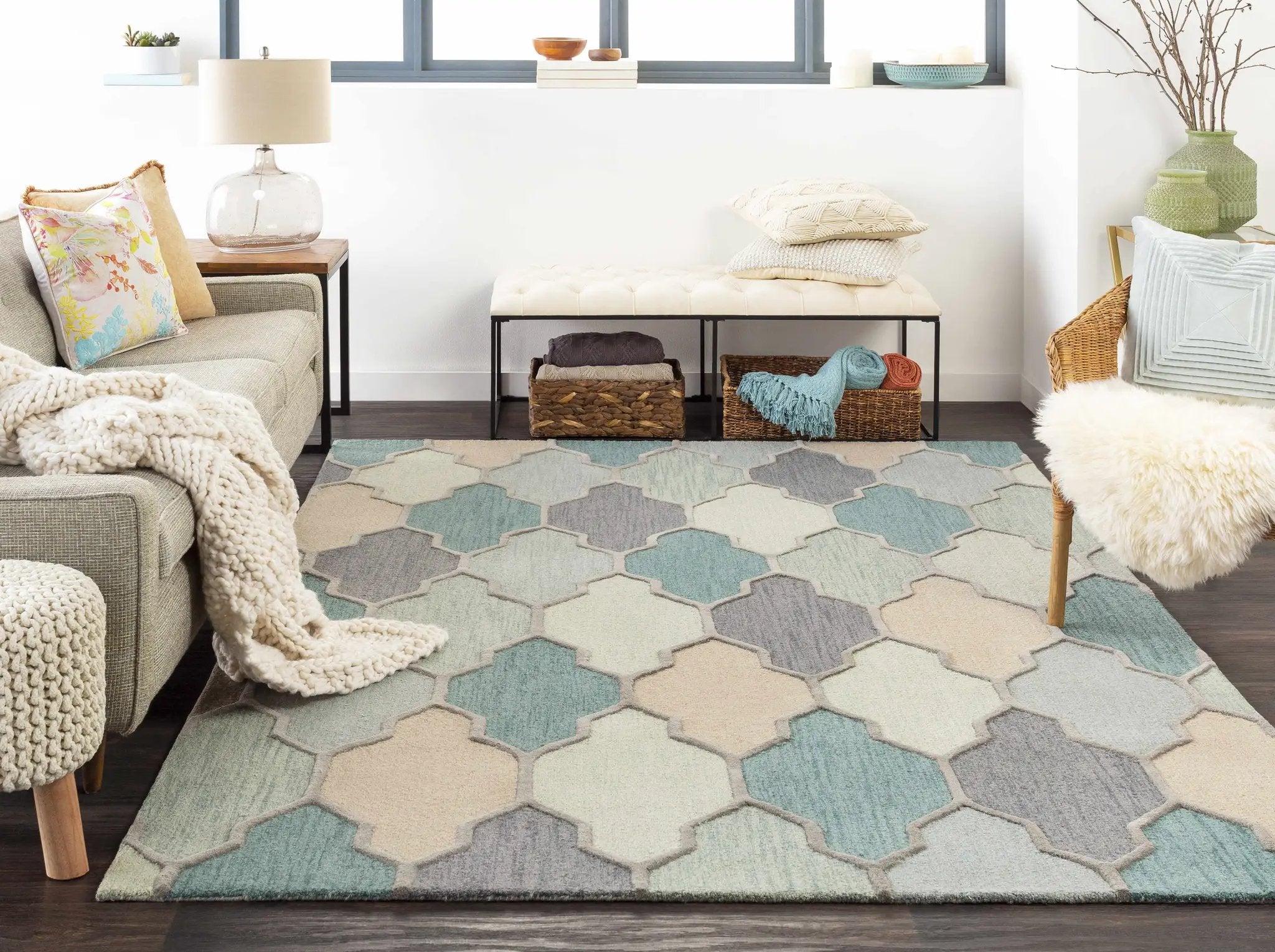 Monteview Sage&Teal Geometric Wool Rug - Clearance by Boutique Rugs