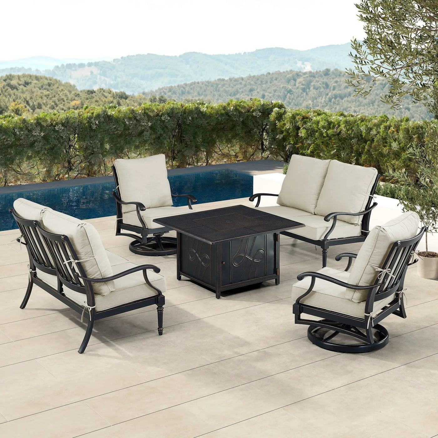 Black Aluminum Fire Table Set with Two Loveseats and Two Club Chairs by Sharicks