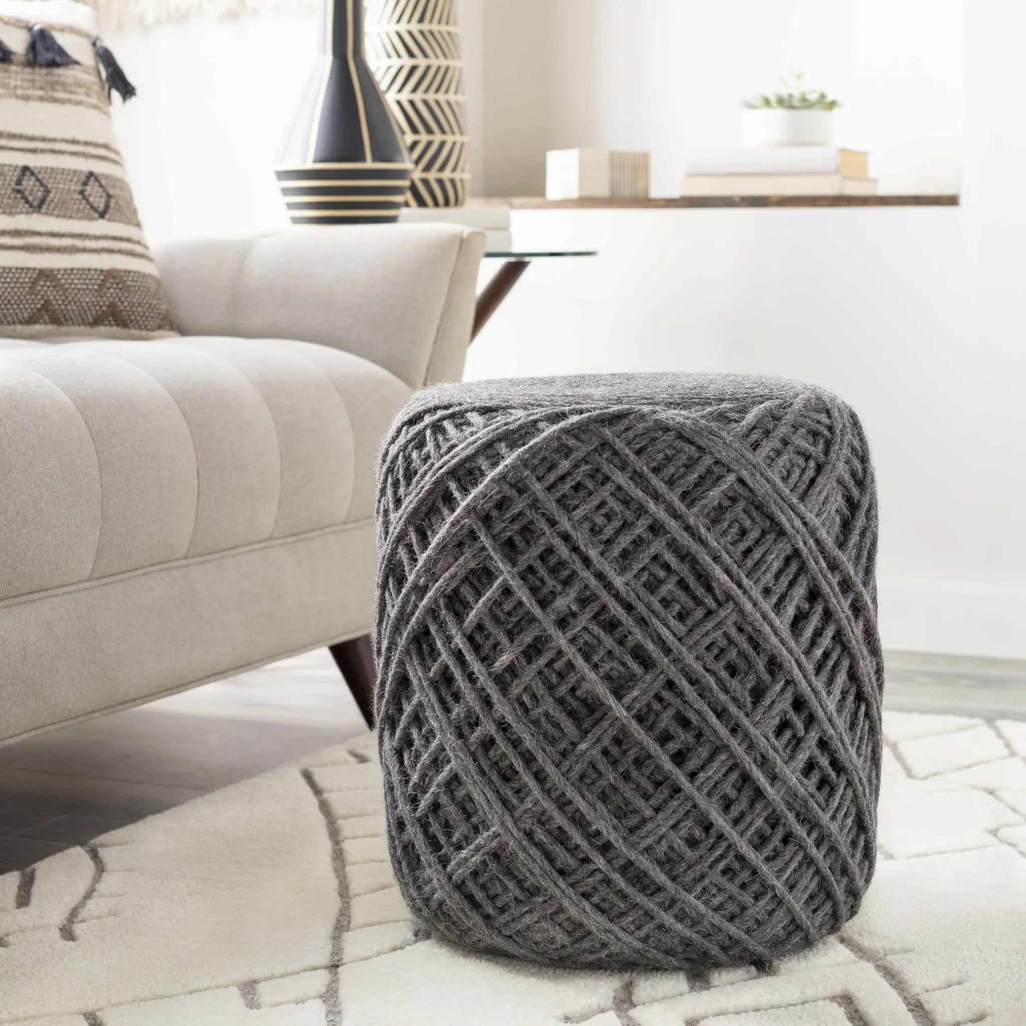 Moapa Charcoal Wool Pouf by Boutique Rugs