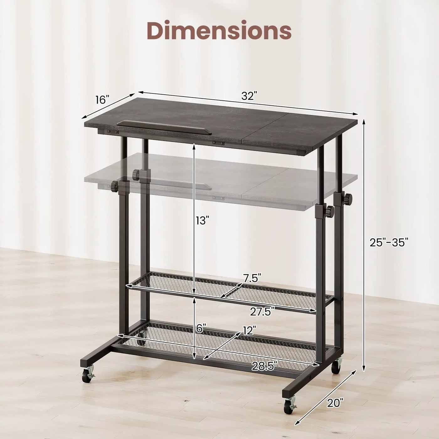 Mobile Stand up Desk Height Adjustable Standing Table with Tilting Tabletop by DirectDeals