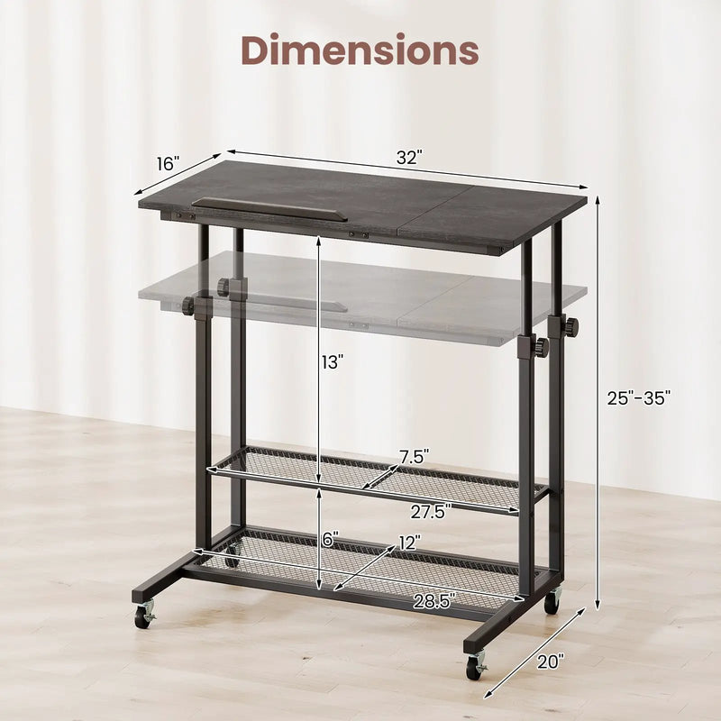 Mobile Stand up Desk Height Adjustable Standing Table with Tilting Tabletop by DirectDeals
