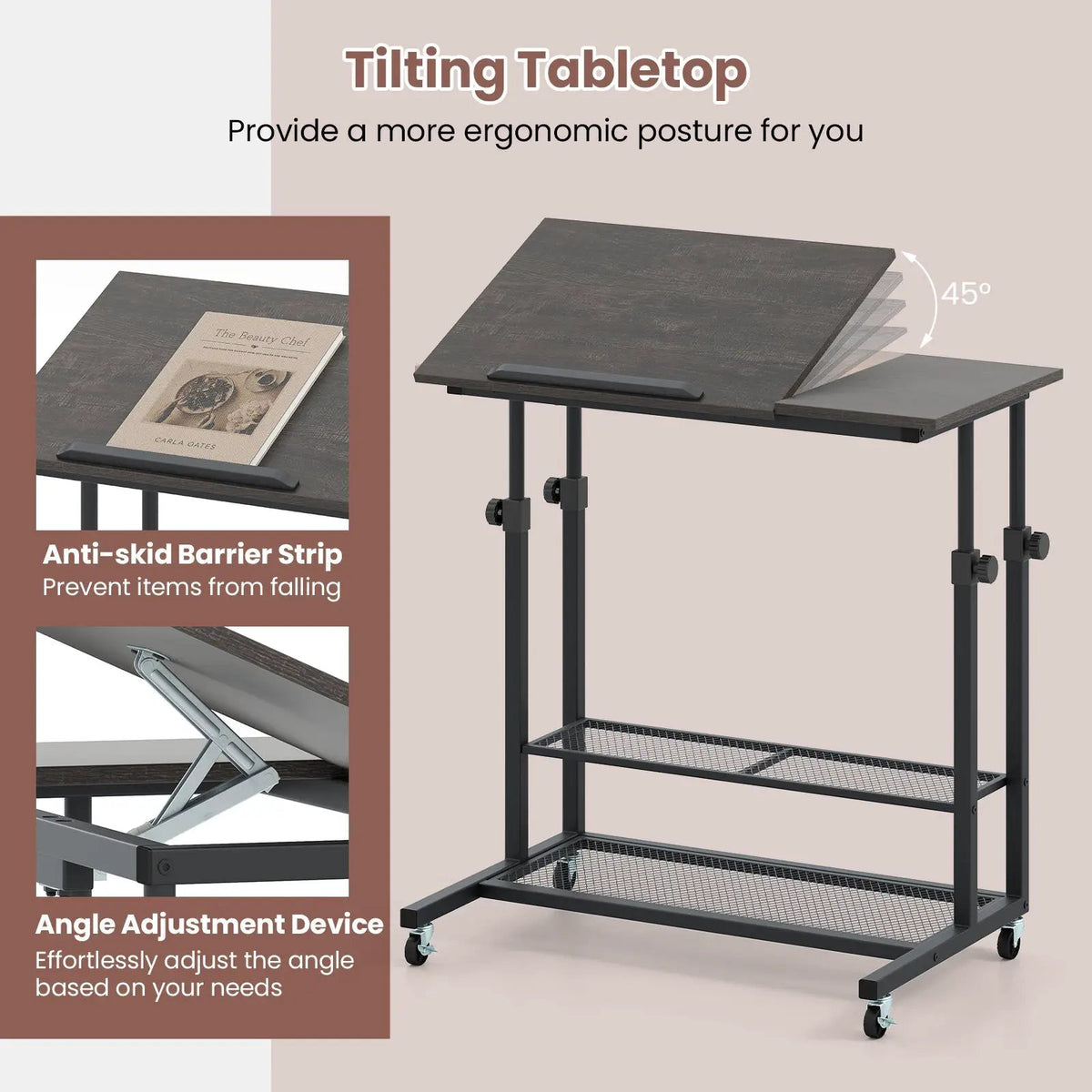 Mobile Stand up Desk Height Adjustable Standing Table with Tilting Tabletop by DirectDeals