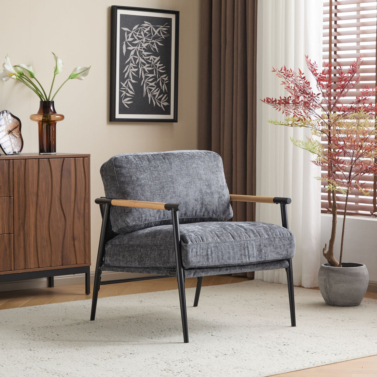 Modern Accent Chair with Plush Cushions and Wooden Armrests - Available in Multiple Colors, photo 18 of 24
