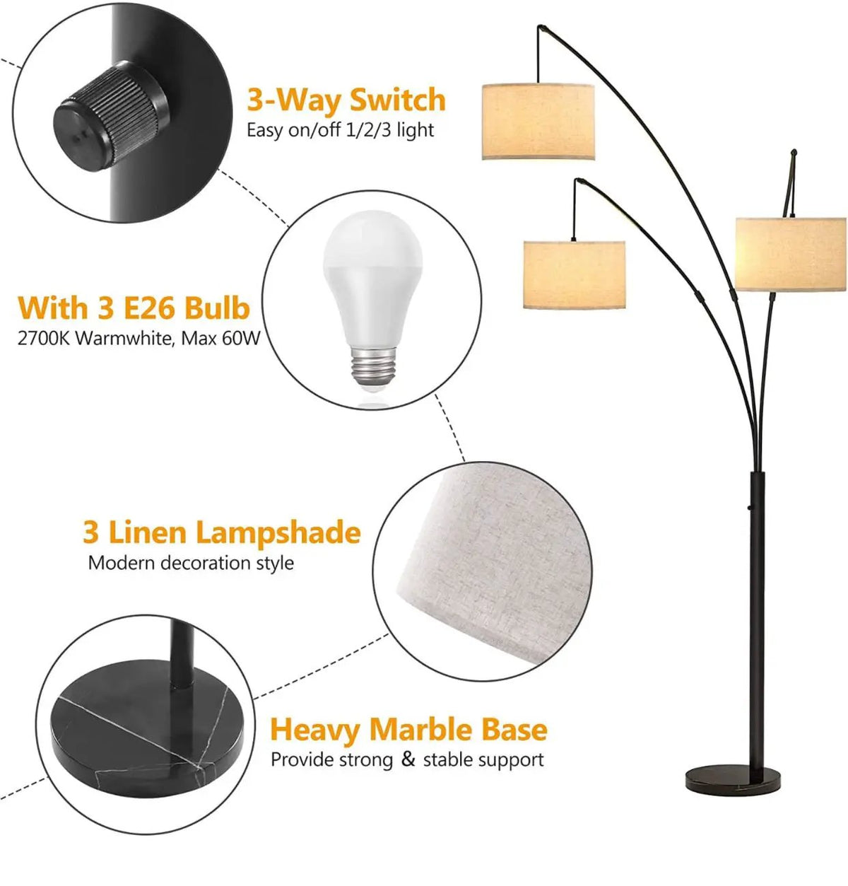 Modern Arc Floor Lamp w/ Marble Base -- 3 Lights Hanging Over The Couch from Behind - Multi Head Arching Tree Lamp -Oil Rubbed Bronze by Outdoor Solar Outlet