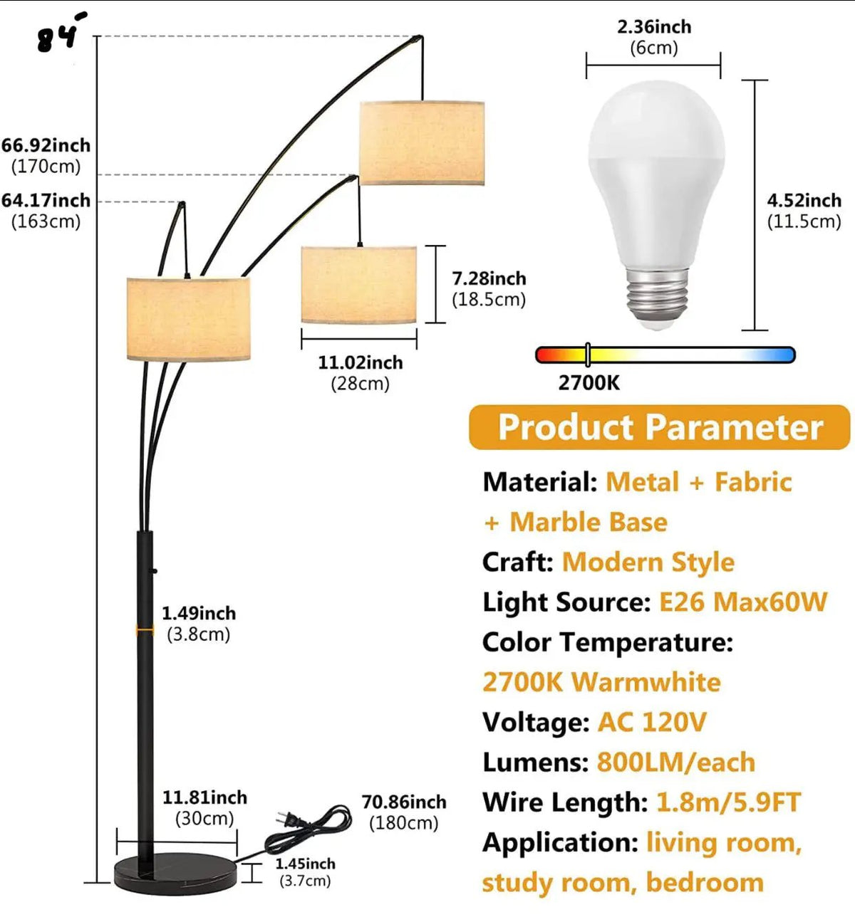 Modern Arc Floor Lamp w/ Marble Base -- 3 Lights Hanging Over The Couch from Behind - Multi Head Arching Tree Lamp -Oil Rubbed Bronze by Outdoor Solar Outlet