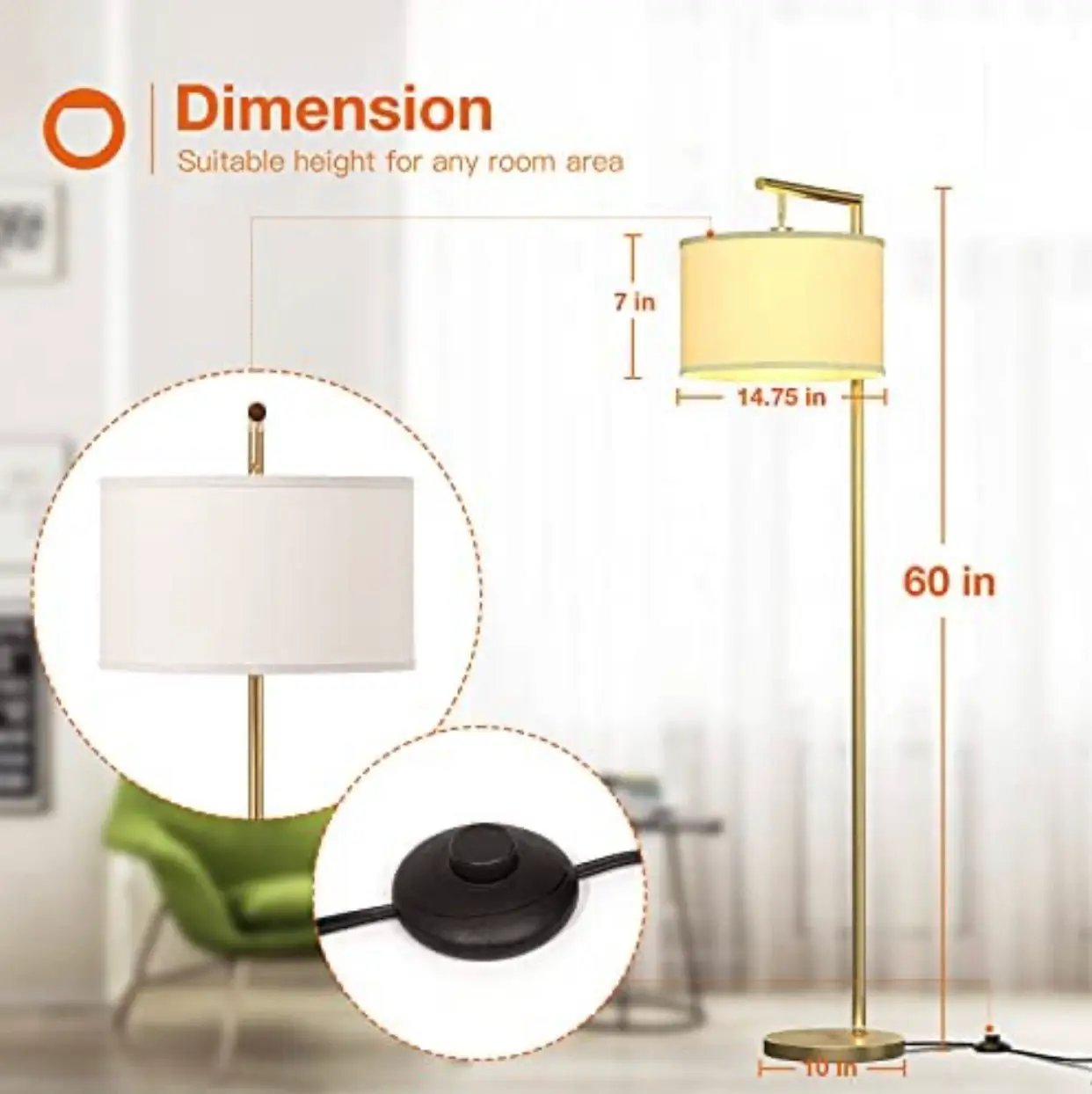 Modern Floor Lamp, Classic Standing Lamp Reading Standing Light for Bedroom Living Room with LED Bulb by Outdoor Solar Outlet