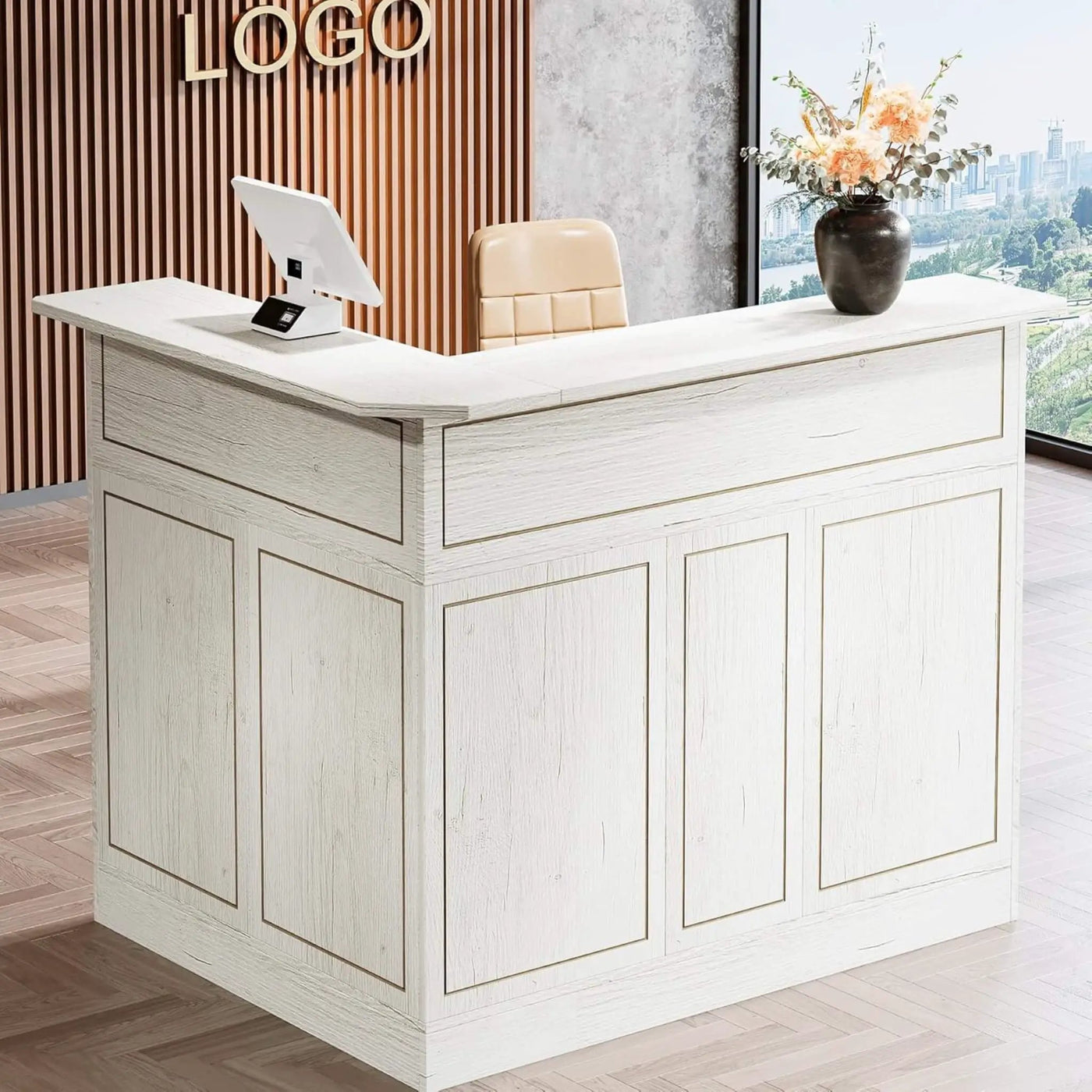 Modern L-Shaped Reception Desk With Storage Shelves (SAK81036) by SAKSBY WHOLESALE