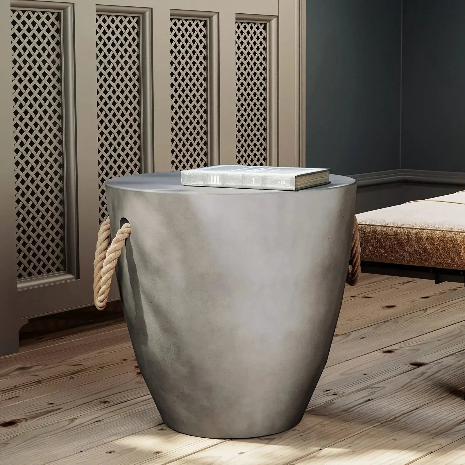 Modern Light Gray Concrete End Table with Rope Handles by House Of Avana