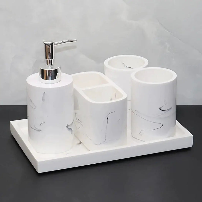 Modern Marble Look Ink-Style 5pcs Bathroom Accessory Set with Rectangular Tray, Toothbrush Holder, Tumbler, and Lotion Dispenser Set by House Of Avana