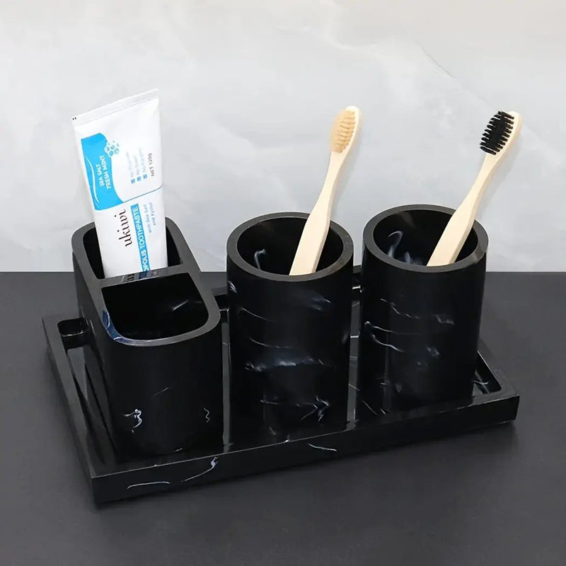Modern Marble Look Ink-Style 5pcs Bathroom Accessory Set with Rectangular Tray, Toothbrush Holder, Tumbler, and Lotion Dispenser Set by House Of Avana