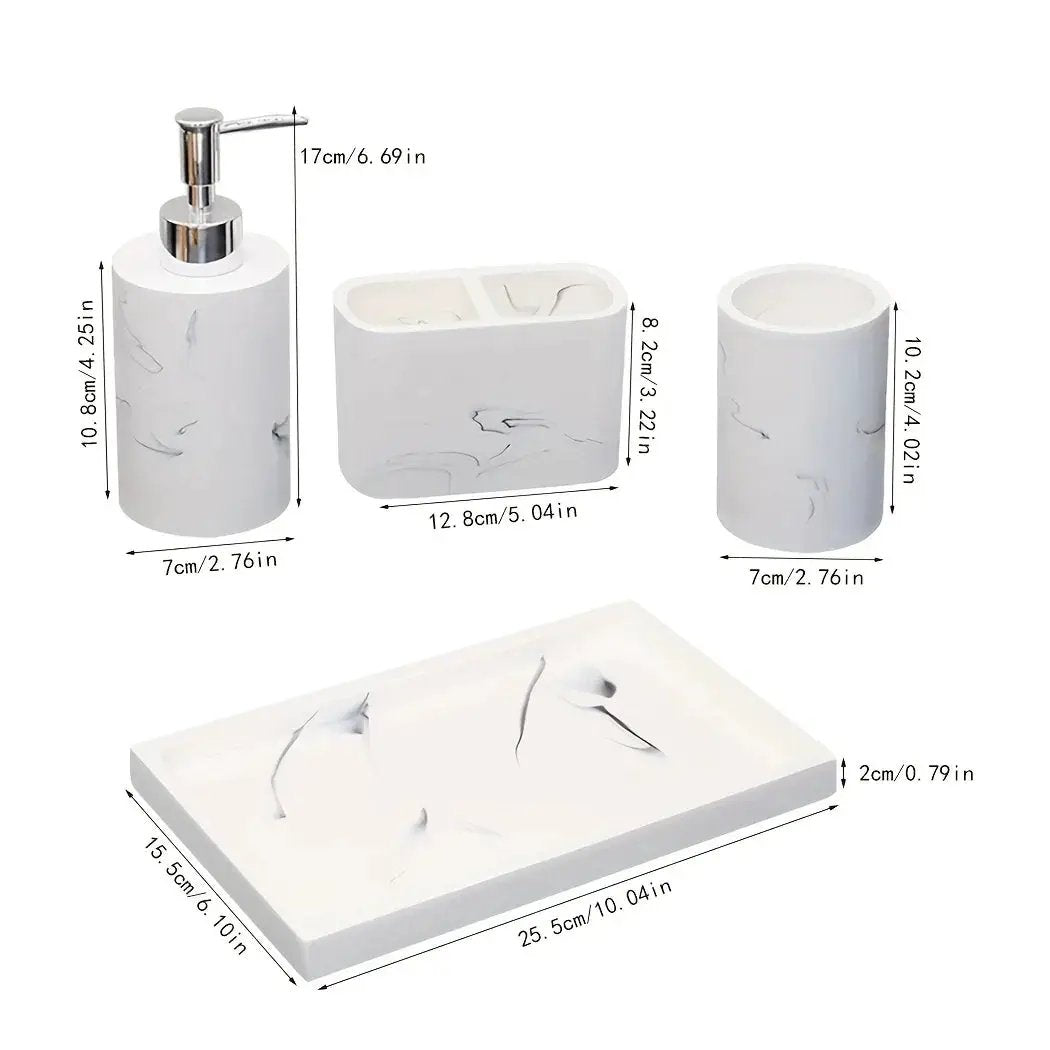 Modern Marble Look Ink-Style 5pcs Bathroom Accessory Set with Rectangular Tray, Toothbrush Holder, Tumbler, and Lotion Dispenser Set by House Of Avana
