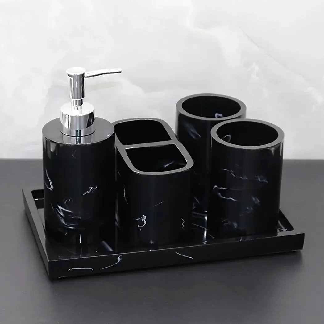 Modern Marble Look Ink-Style 5pcs Bathroom Accessory Set with Rectangular Tray, Toothbrush Holder, Tumbler, and Lotion Dispenser Set by House Of Avana