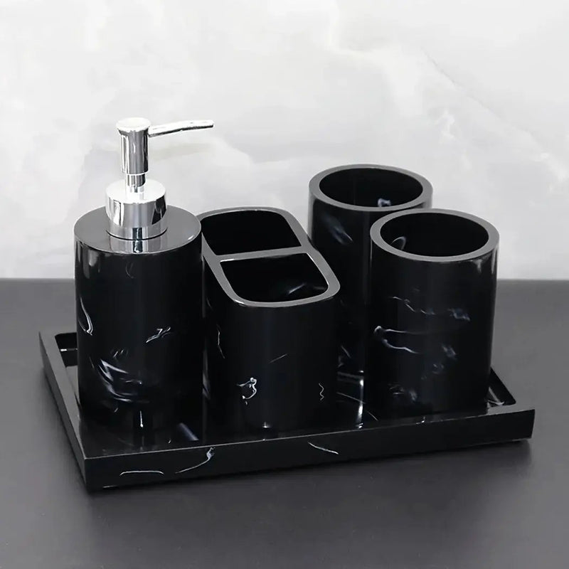 Modern Marble Look Ink-Style 5pcs Bathroom Accessory Set with Rectangular Tray, Toothbrush Holder, Tumbler, and Lotion Dispenser Set by House Of Avana