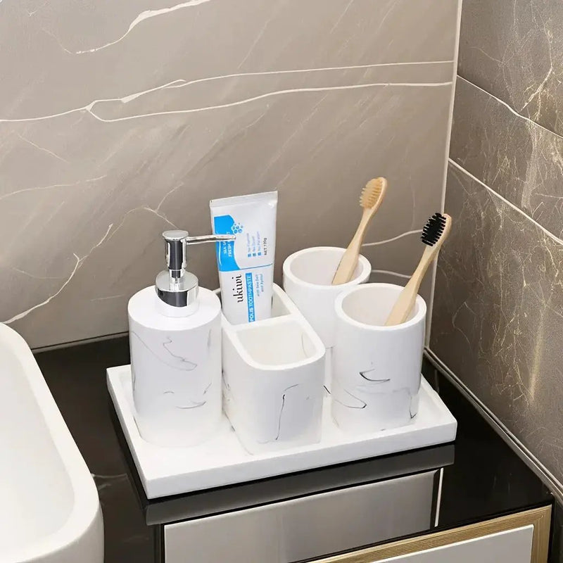 Modern Marble Look Ink-Style 5pcs Bathroom Accessory Set with Rectangular Tray, Toothbrush Holder, Tumbler, and Lotion Dispenser Set by House Of Avana