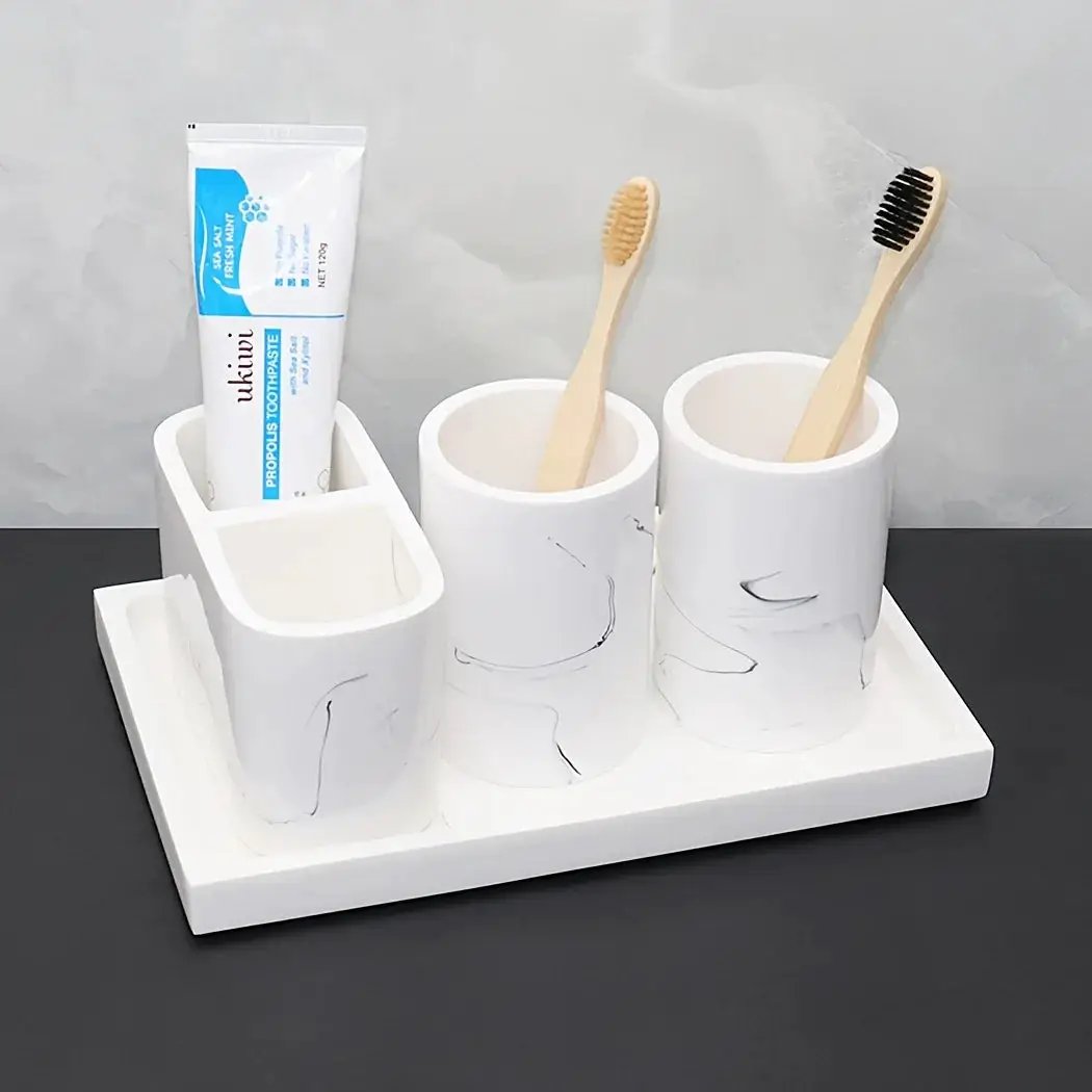 Modern Marble Look Ink-Style 5pcs Bathroom Accessory Set with Rectangular Tray, Toothbrush Holder, Tumbler, and Lotion Dispenser Set by House Of Avana