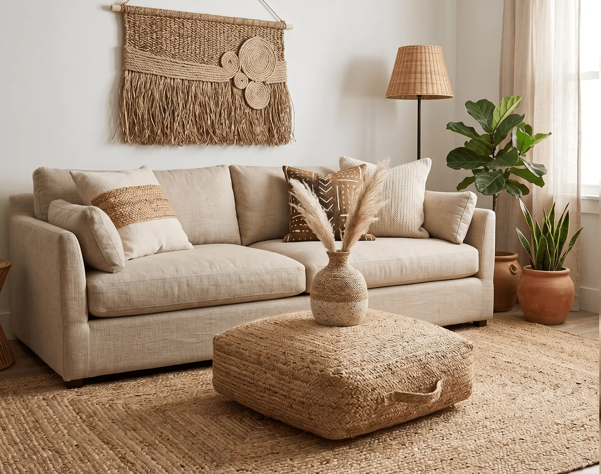 Modern Style Hand Braided Gold Jute Square Pouf by The Rug Decor