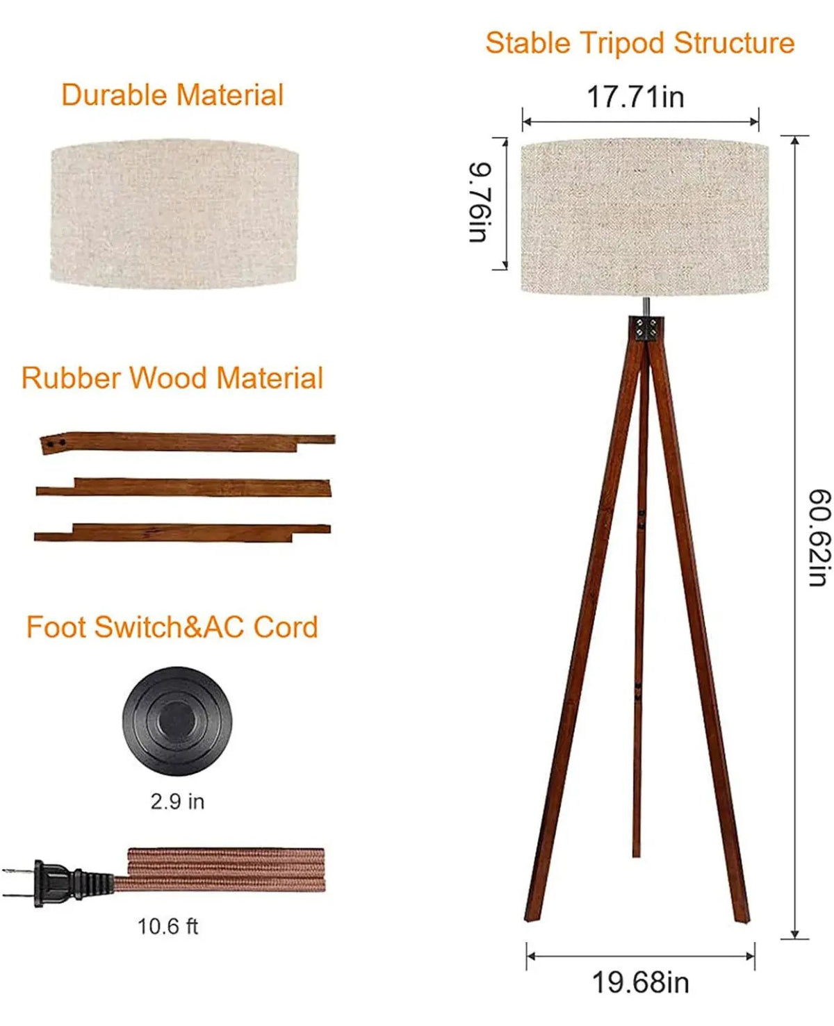 Modern Tripod LED Floor Lamp – Mid Century Dimmable Modern Light for Contemporary Living Rooms - Tall Free Standing Lamp with Solid Wood Legs by Outdoor Solar Outlet