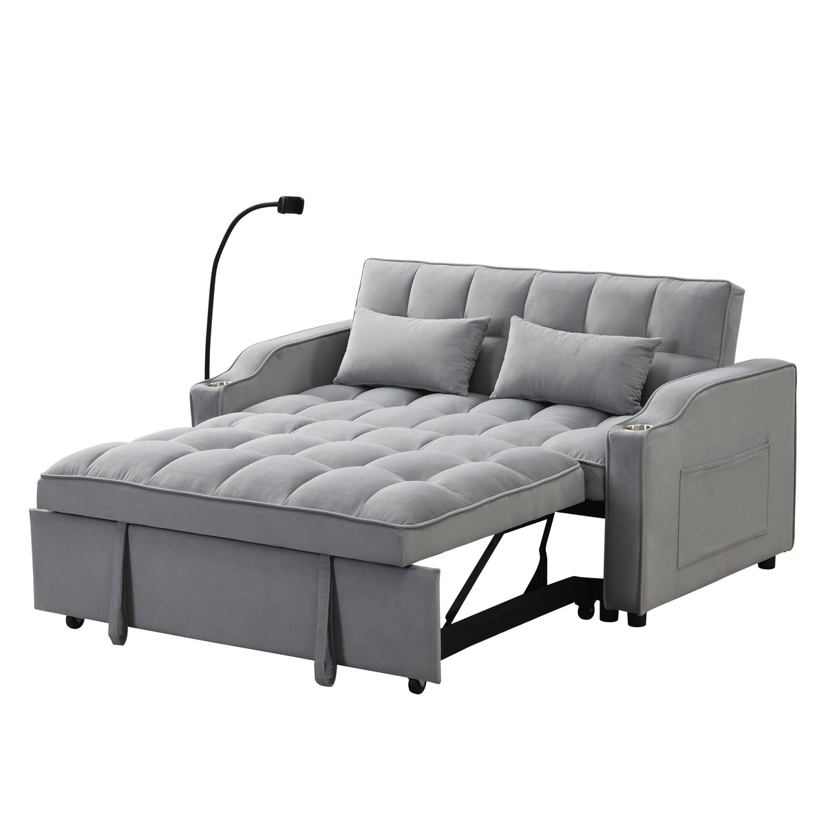 Modern Velvet Sleeper Loveseat with Pullout Bed and USB Ports - Light Gray, photo 11 of 20