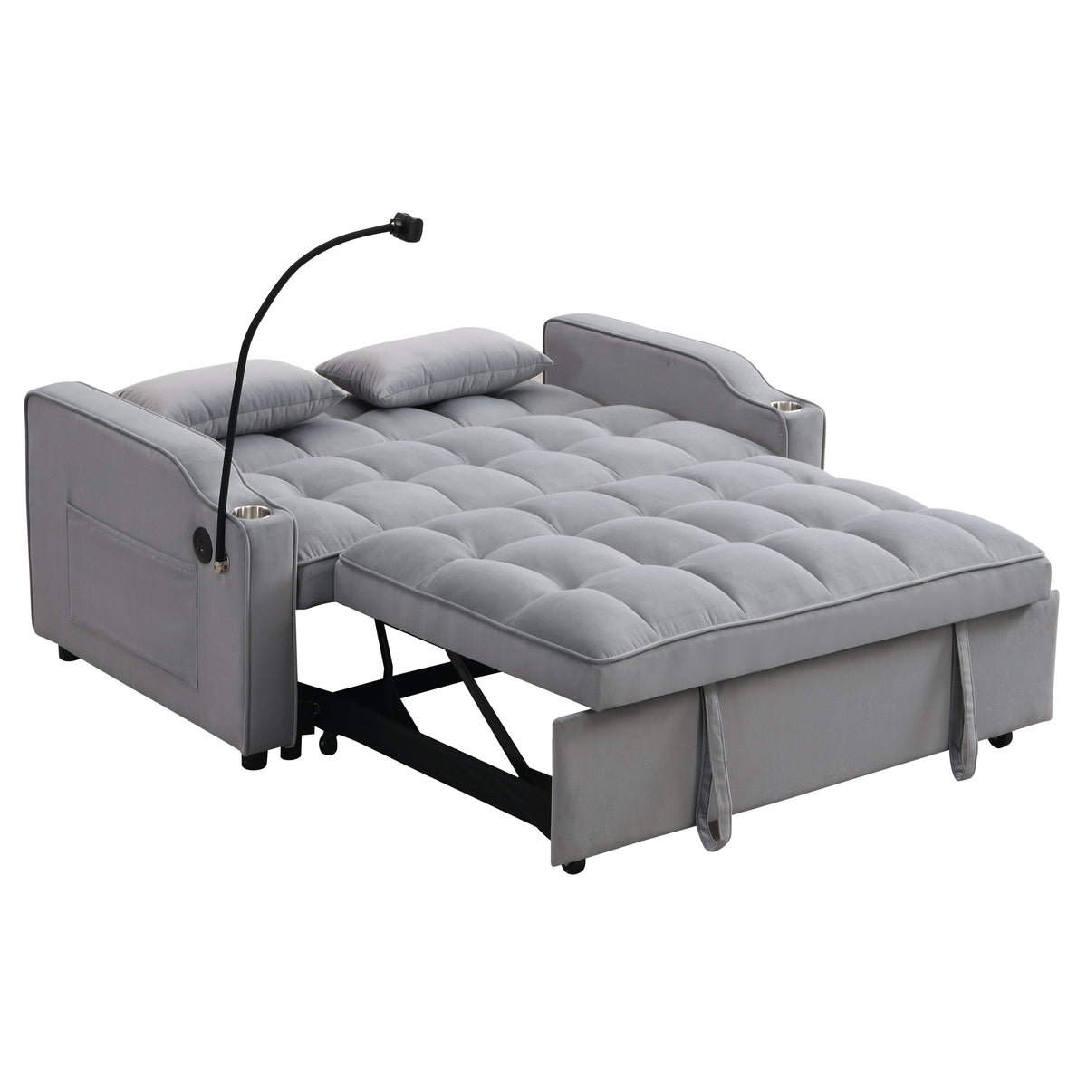 Modern Velvet Sleeper Loveseat with Pullout Bed and USB Ports - Light Gray, photo 12 of 20