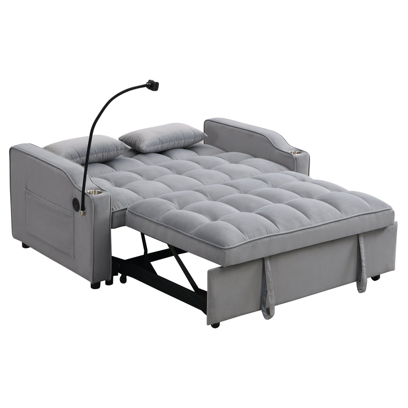 Modern Velvet Sleeper Loveseat with Pullout Bed and USB Ports - Light Gray, photo 12 of 20