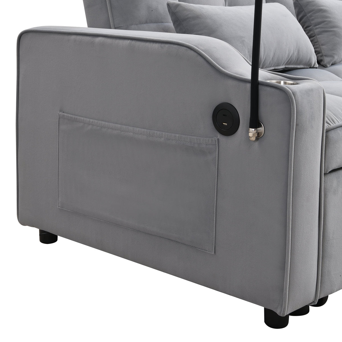 Modern Velvet Sleeper Loveseat with Pullout Bed and USB Ports - Light Gray, photo 16 of 20