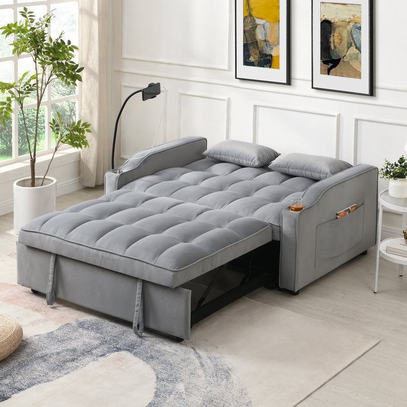 Modern Velvet Sleeper Loveseat with Pullout Bed and USB Ports - Light Gray, photo 2 of 20