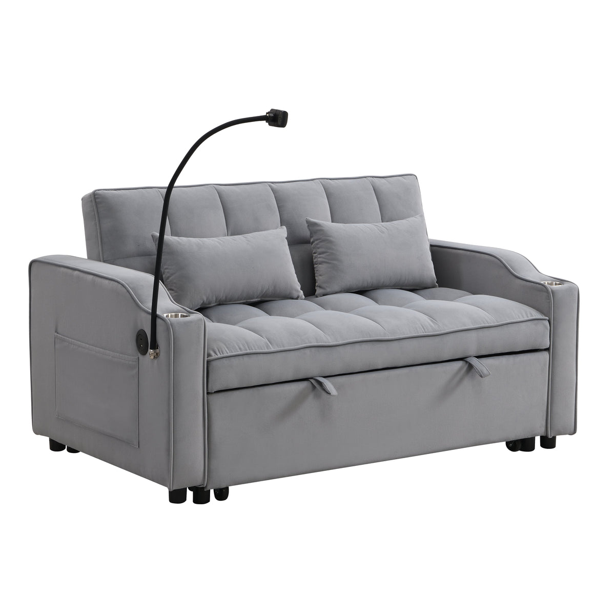 Modern Velvet Sleeper Loveseat with Pullout Bed and USB Ports - Light Gray, photo 4 of 20