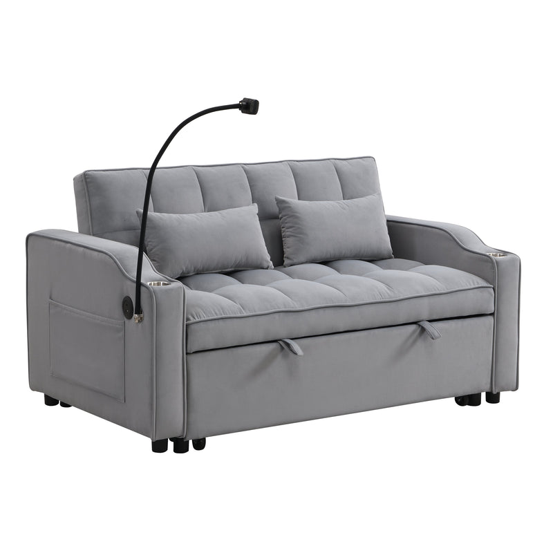 Modern Velvet Sleeper Loveseat with Pullout Bed and USB Ports - Light Gray, photo 4 of 20