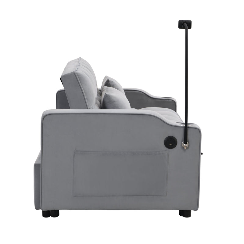Modern Velvet Sleeper Loveseat with Pullout Bed and USB Ports - Light Gray, photo 5 of 20