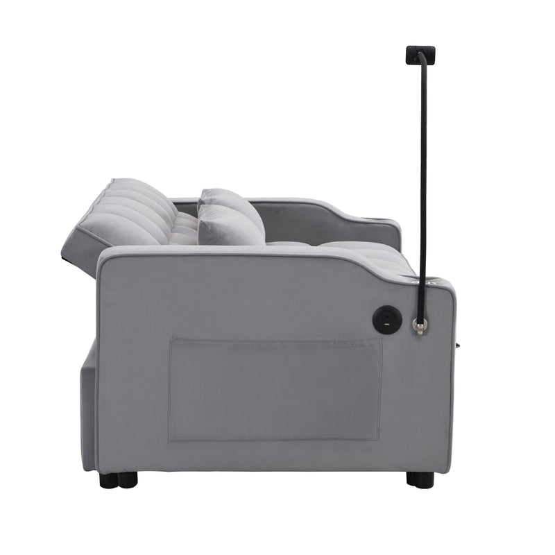 Modern Velvet Sleeper Loveseat with Pullout Bed and USB Ports - Light Gray, photo 6 of 20