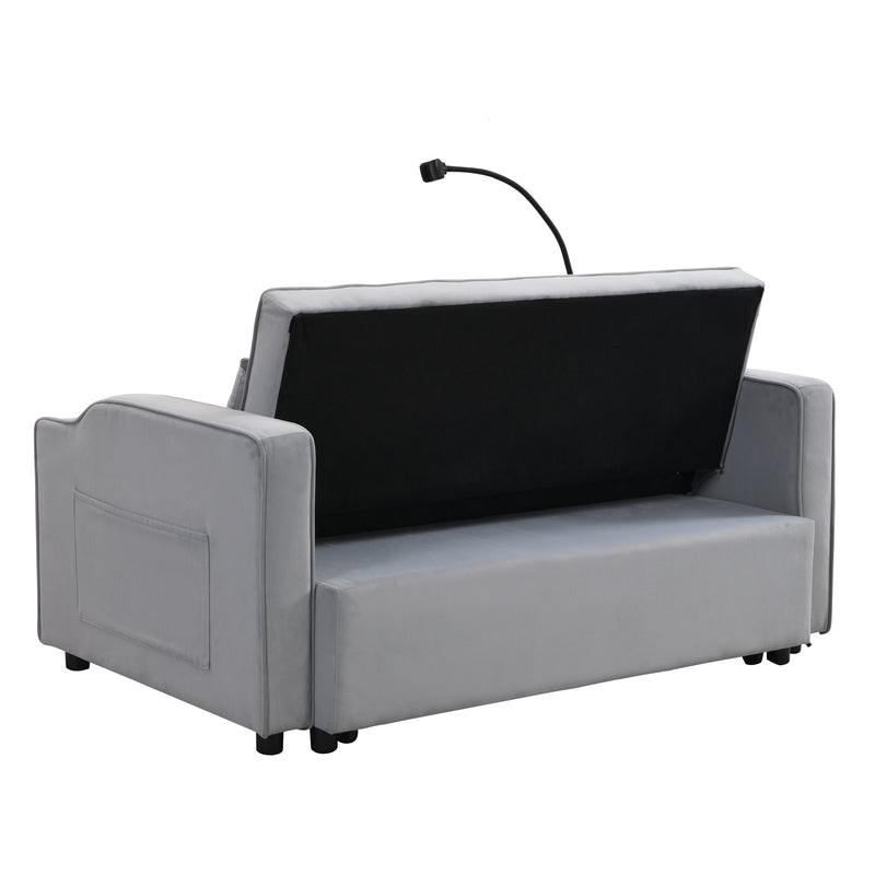 Modern Velvet Sleeper Loveseat with Pullout Bed and USB Ports - Light Gray, photo 8 of 20