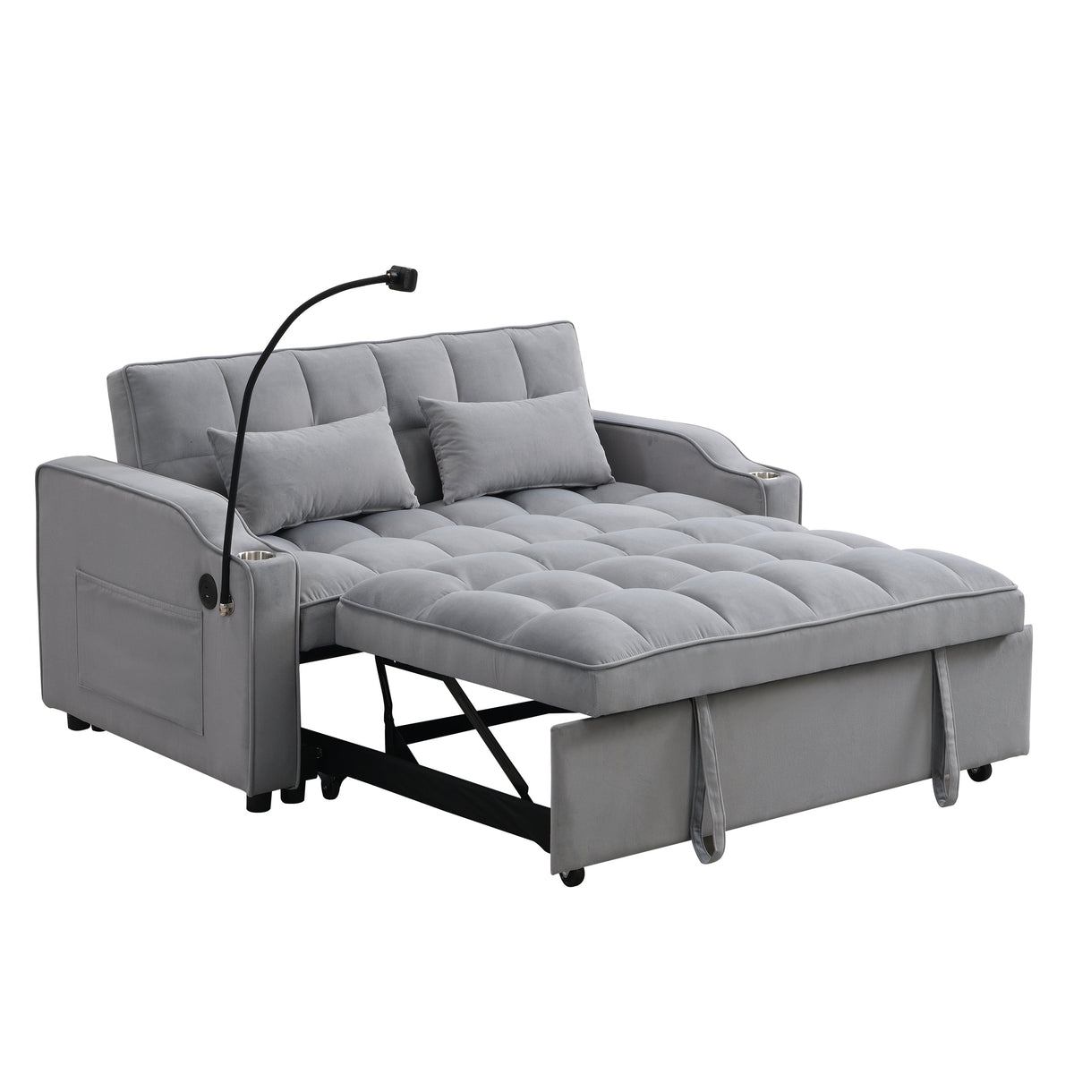Modern Velvet Sleeper Loveseat with Pullout Bed and USB Ports - Light Gray, photo 9 of 20