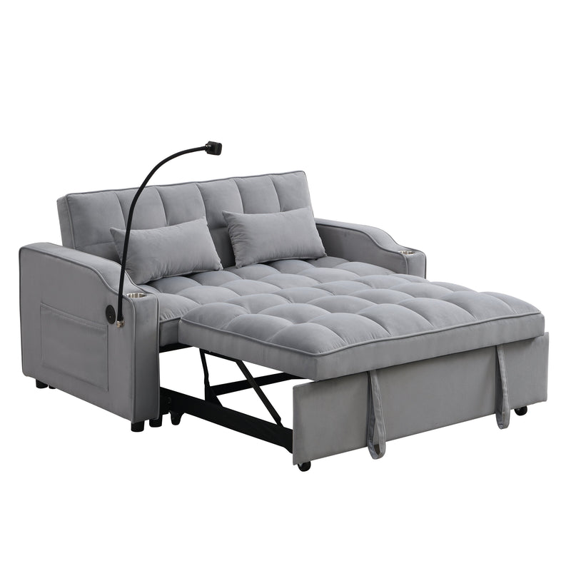 Modern Velvet Sleeper Loveseat with Pullout Bed and USB Ports - Light Gray, photo 9 of 20