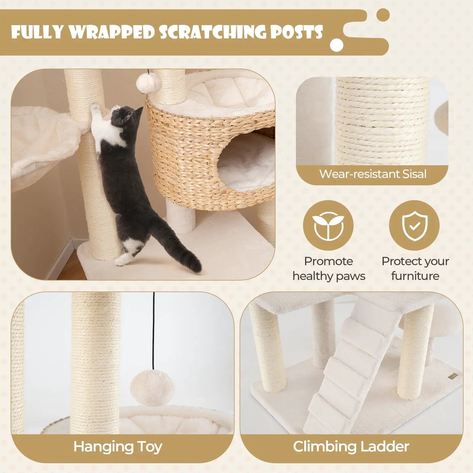 Modern Cat Tree for Indoor Cats with Cattail Fluff Condo and Top Perch-Natural by DirectDeals