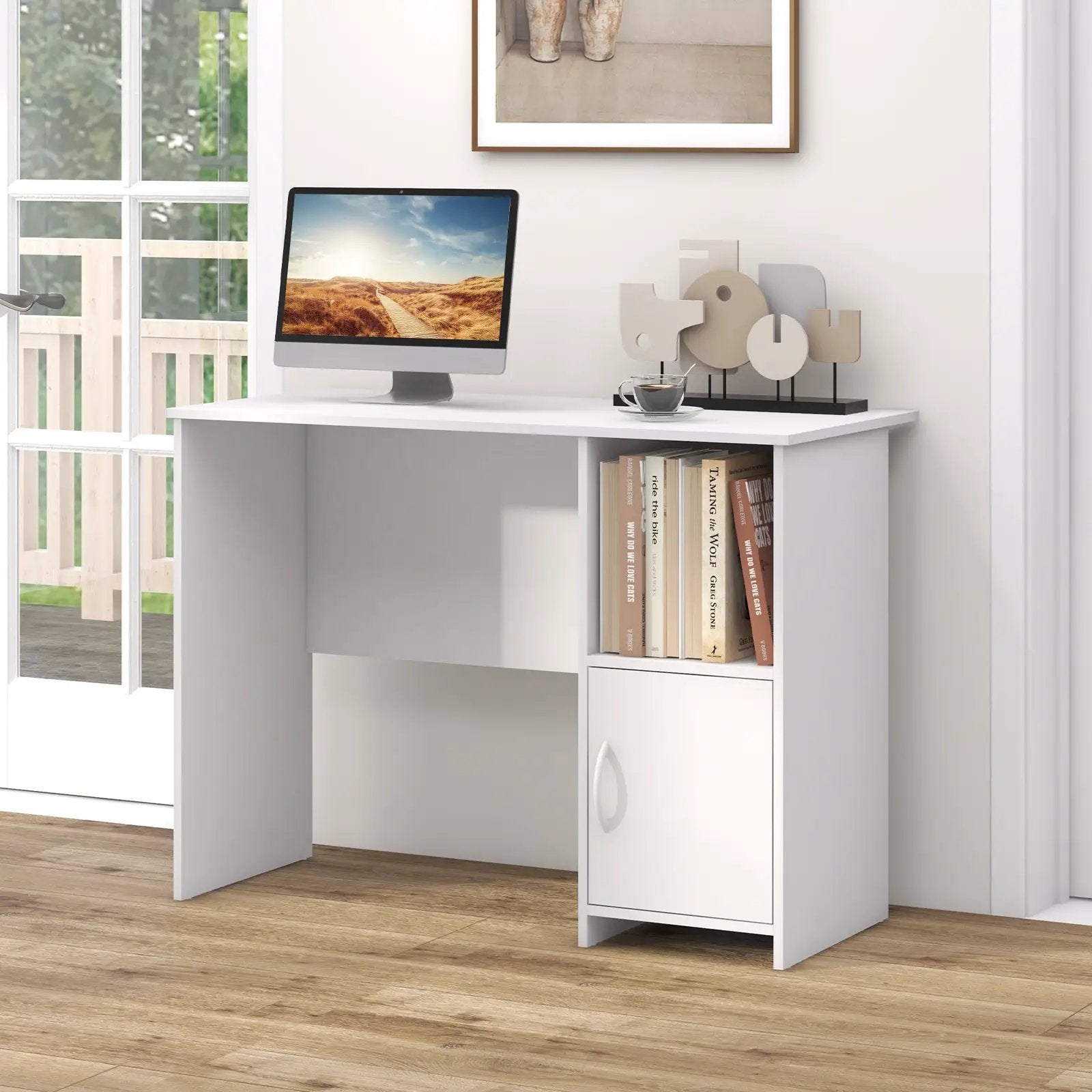 Modern Computer Desk with Cabinet-White by DirectDeals