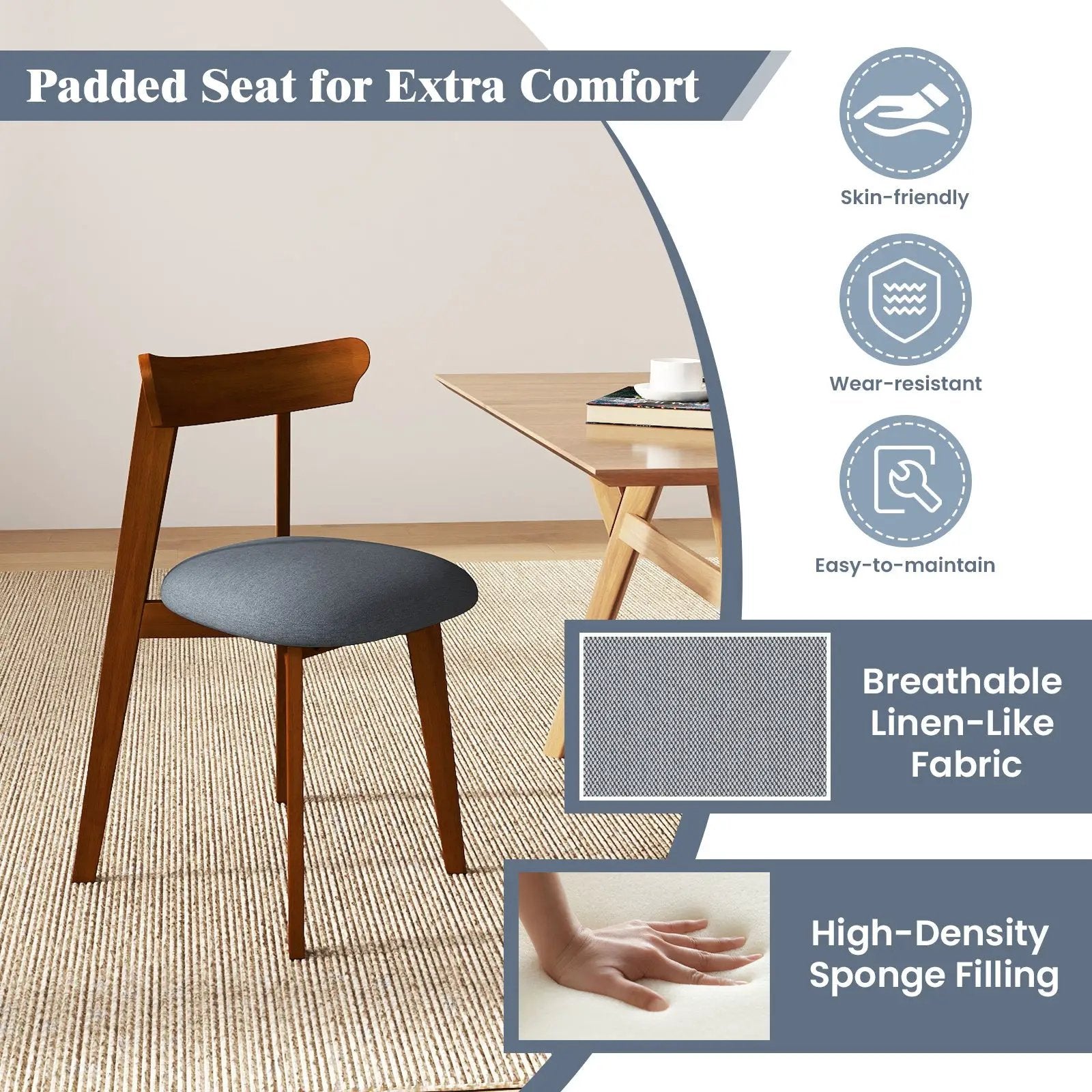 Mid-Century Modern Kitchen Chairs with Rubber Wood Frame and Padded Seat-Walunt by DirectDeals