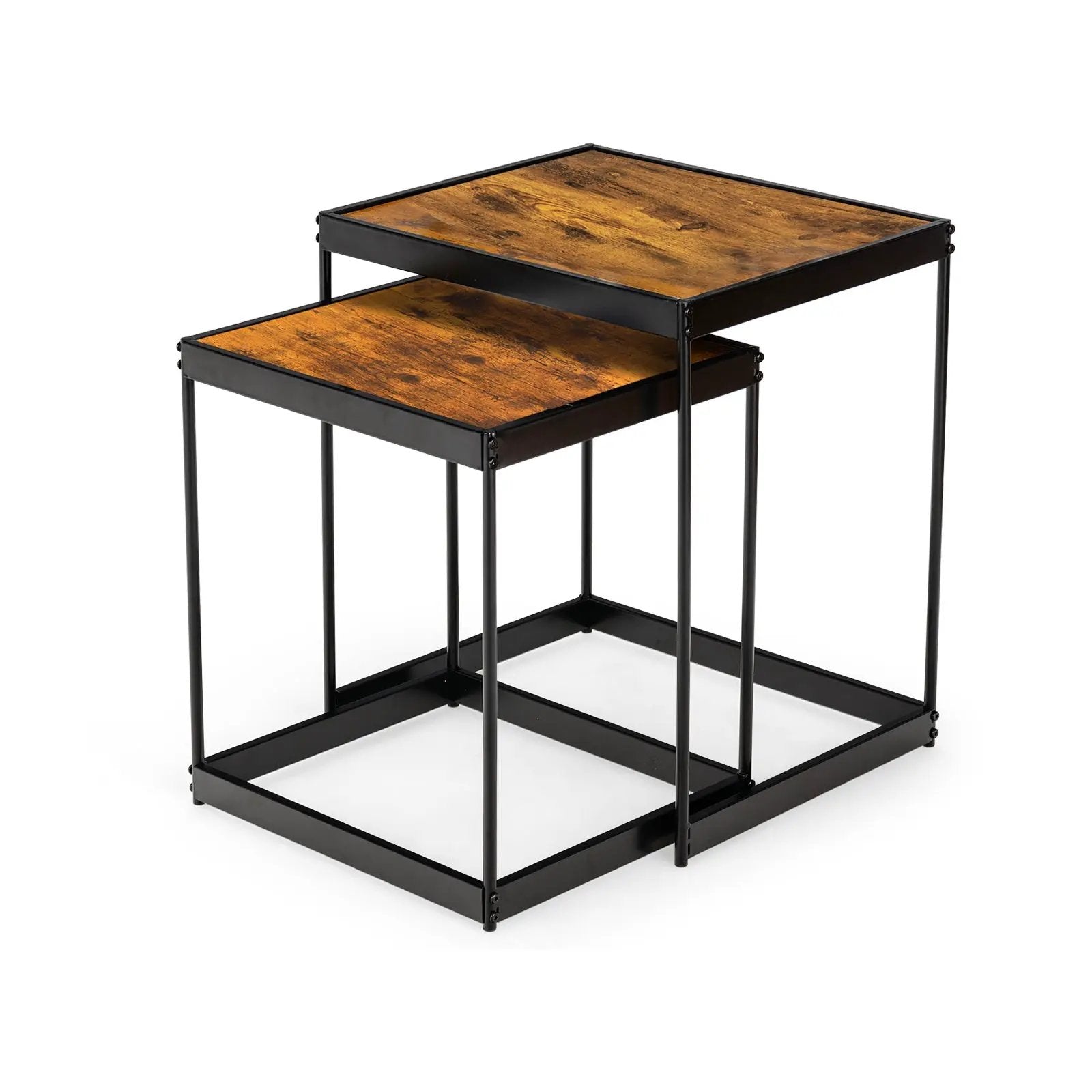 Set of 2 Modern Nesting End Tables with Metal Legs for Living Room-Rustic Brown by DirectDeals
