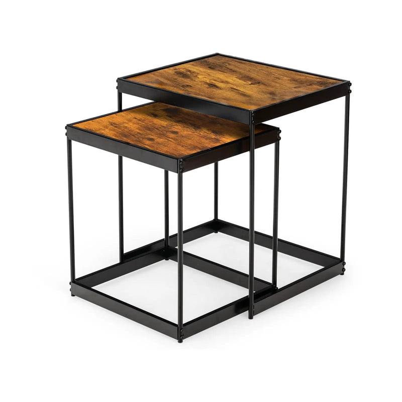 Set of 2 Modern Nesting End Tables with Metal Legs for Living Room-Rustic Brown by DirectDeals