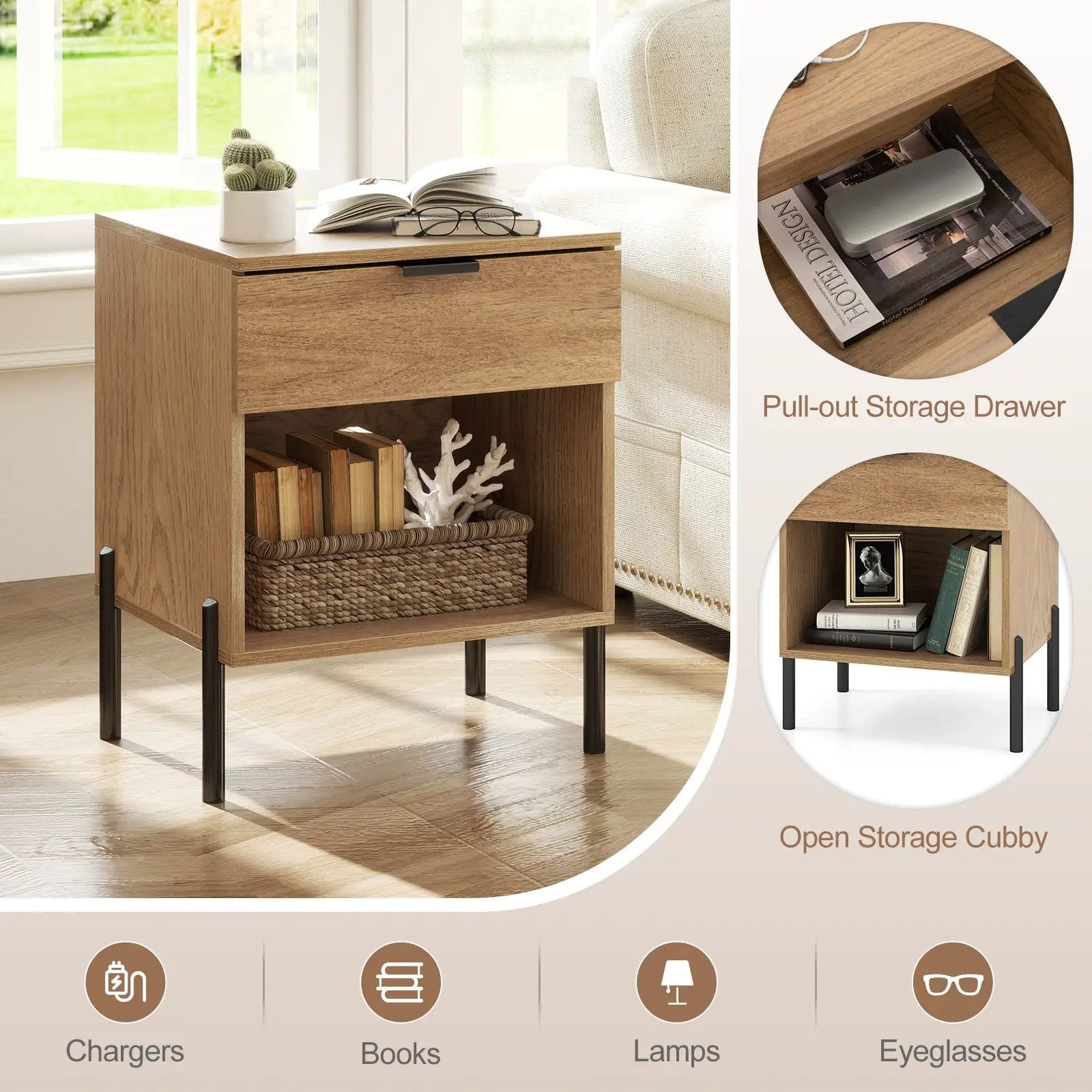 Modern Nightstand with Charging Station-Natural by DirectDeals