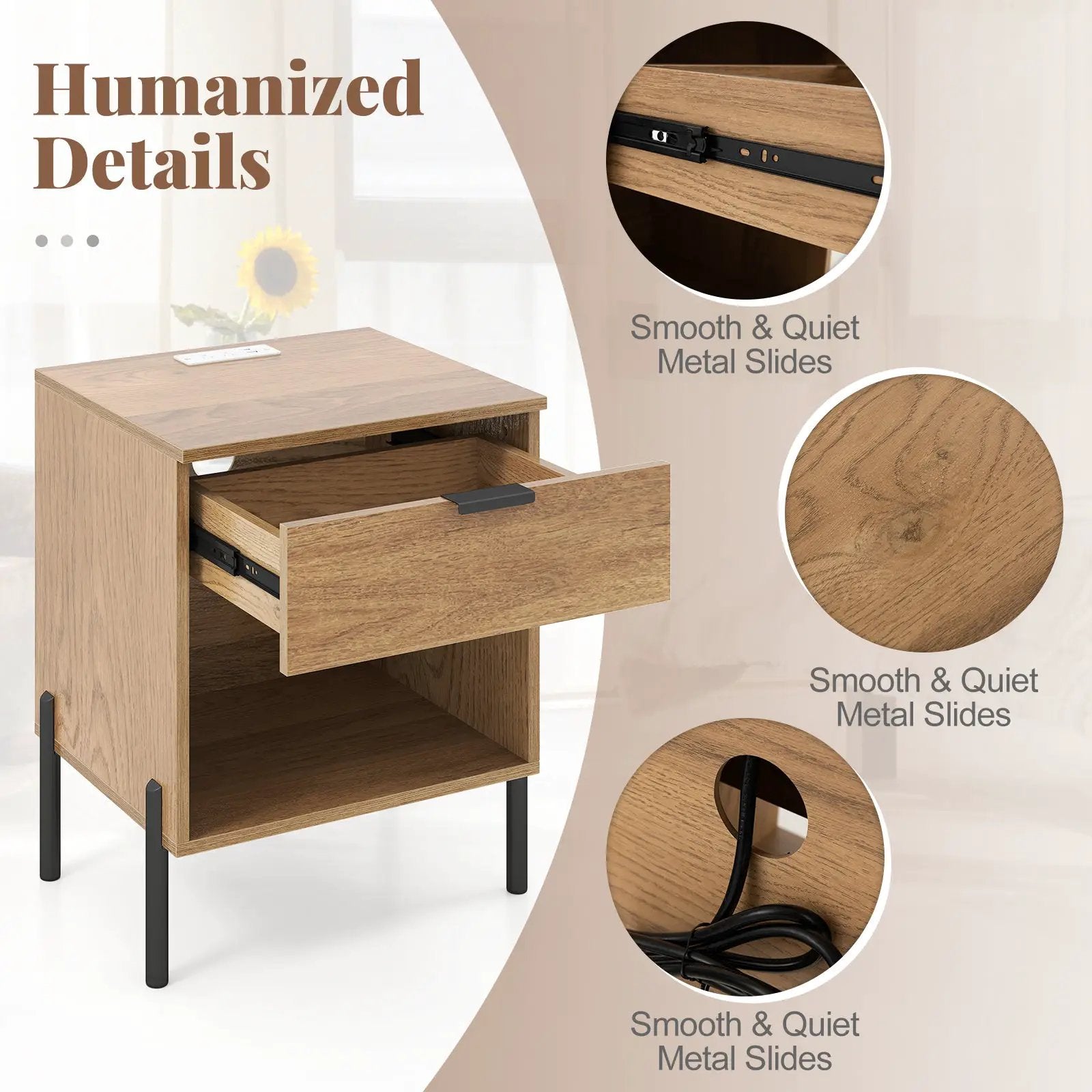 Modern Nightstand with Charging Station-Natural by DirectDeals