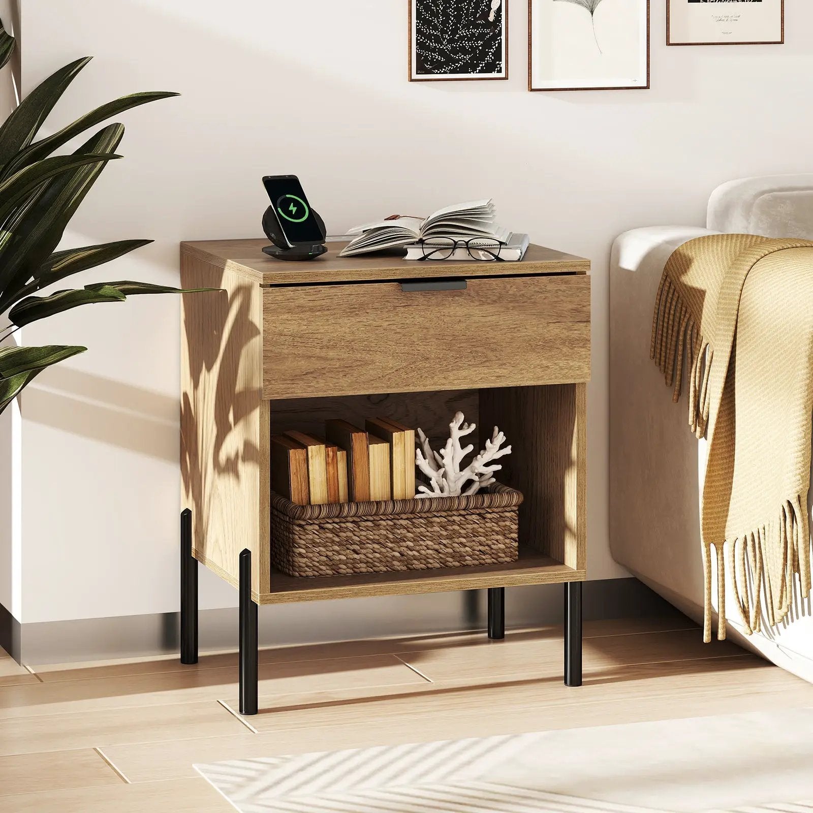 Modern Nightstand with Charging Station-Natural by DirectDeals