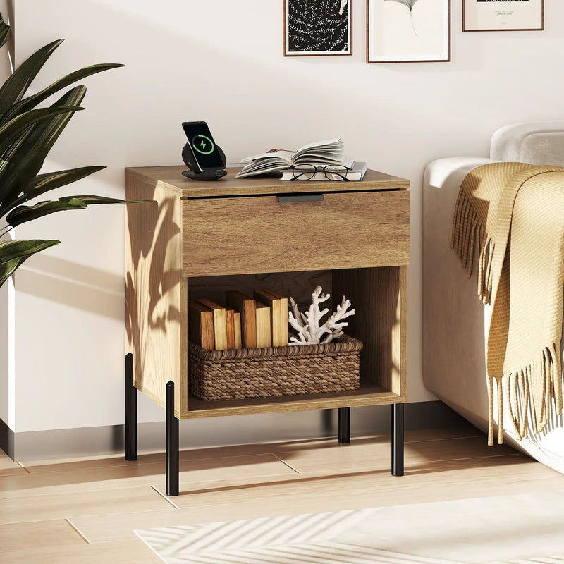 Modern Nightstand with Charging Station-Natural by DirectDeals