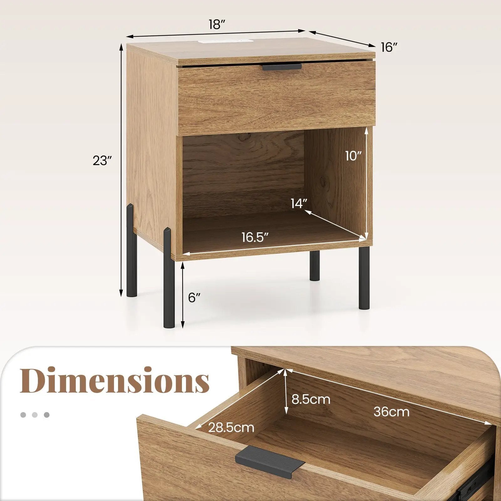 Modern Nightstand with Charging Station-Natural by DirectDeals